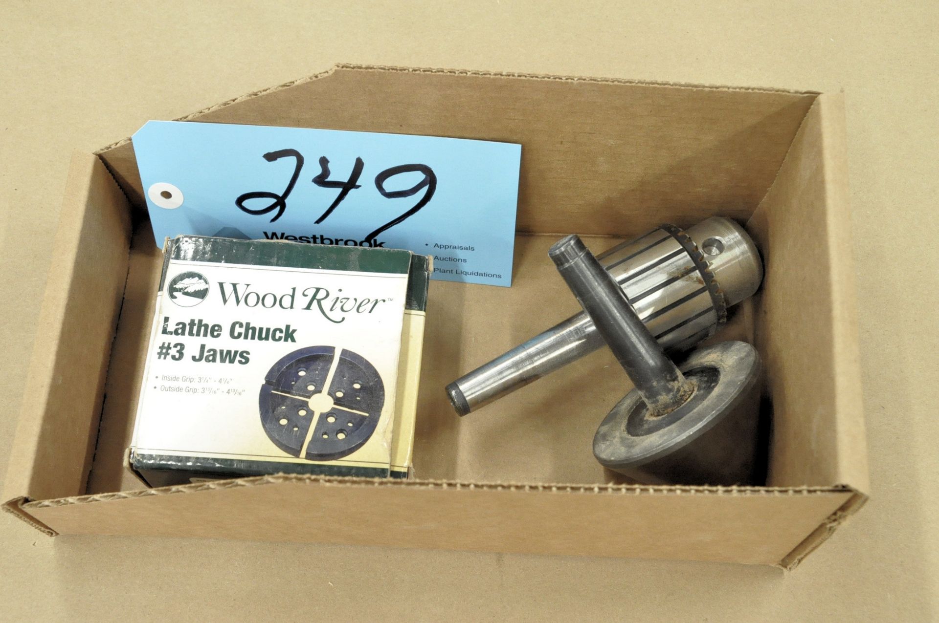 Lot-(1) Wood River #3, 4-Piece Pie Jaws, (1) Live Center and (1) Taper Shank Drill Chuck, in (1) Box