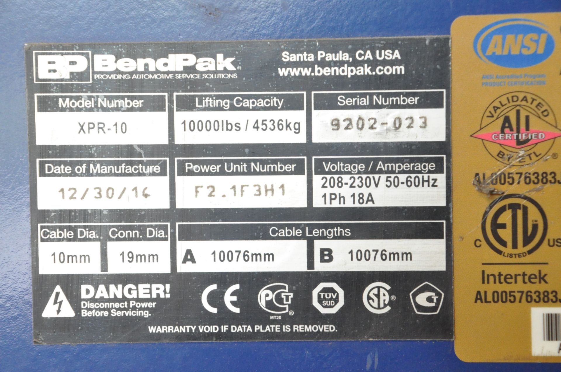 Bendpak Model XPR-10, 10,000-Lbs. Capacity 2-Post Hydraulic Car Lift, 2-HP, 1-PH - Image 3 of 3