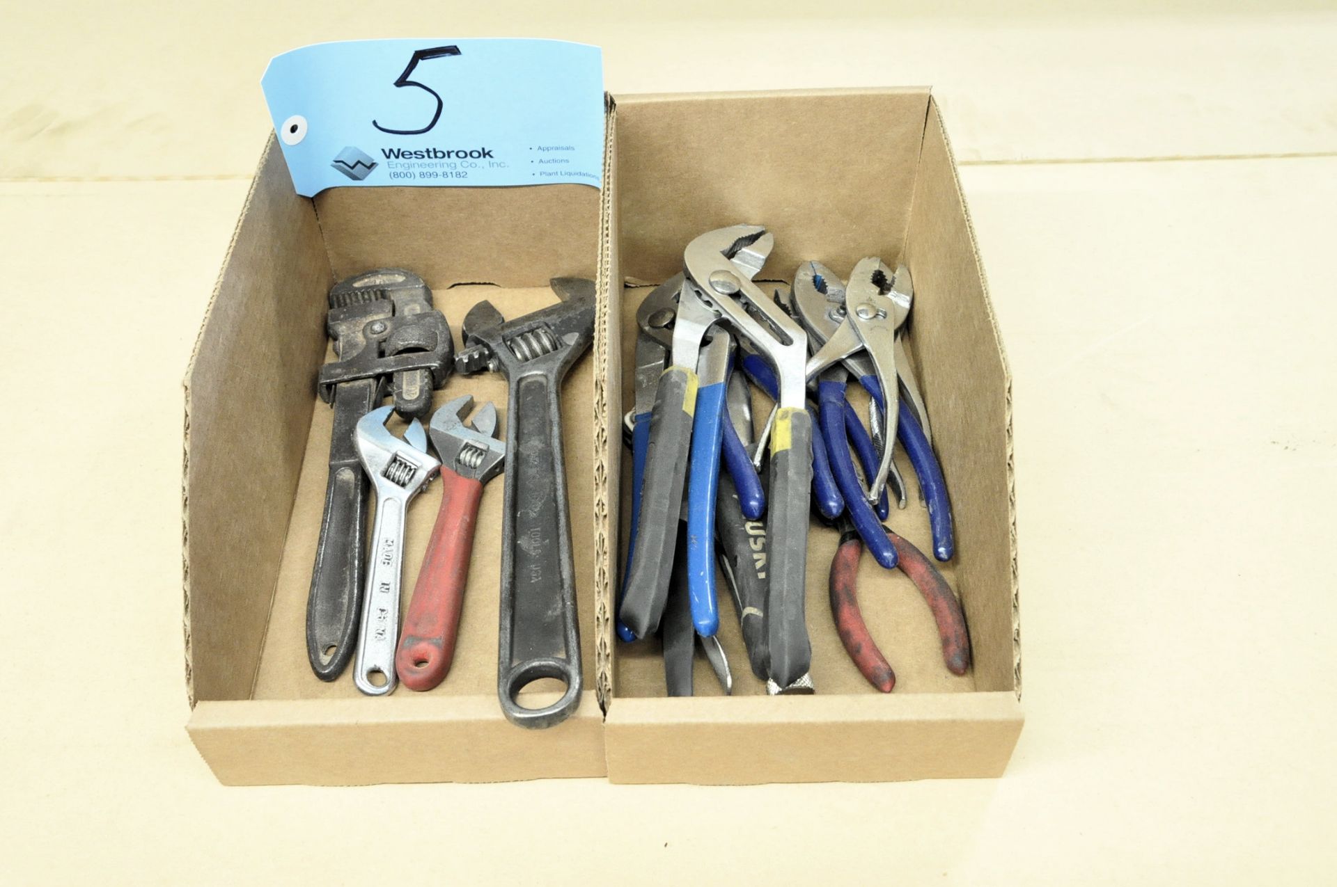 Lot-(1) Pipe Wrench, (3) Adjustable Wrenches and Pliers in (2) Boxes