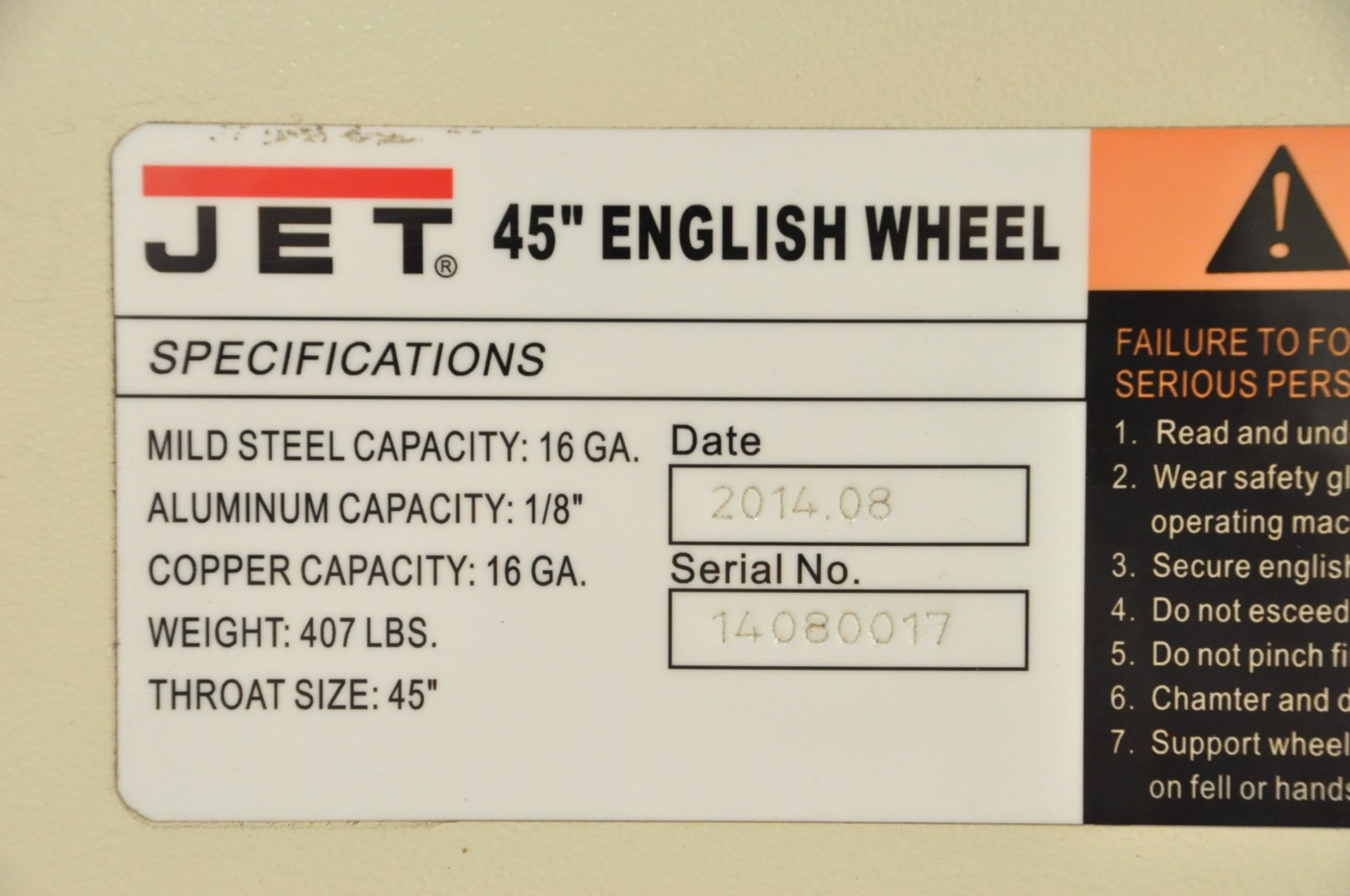 Jet WH-45T, 45" English Wheel, S/n 14080017, 16-GA. Mild Steel Capacity, 45" Throat, Tooling - Image 4 of 5