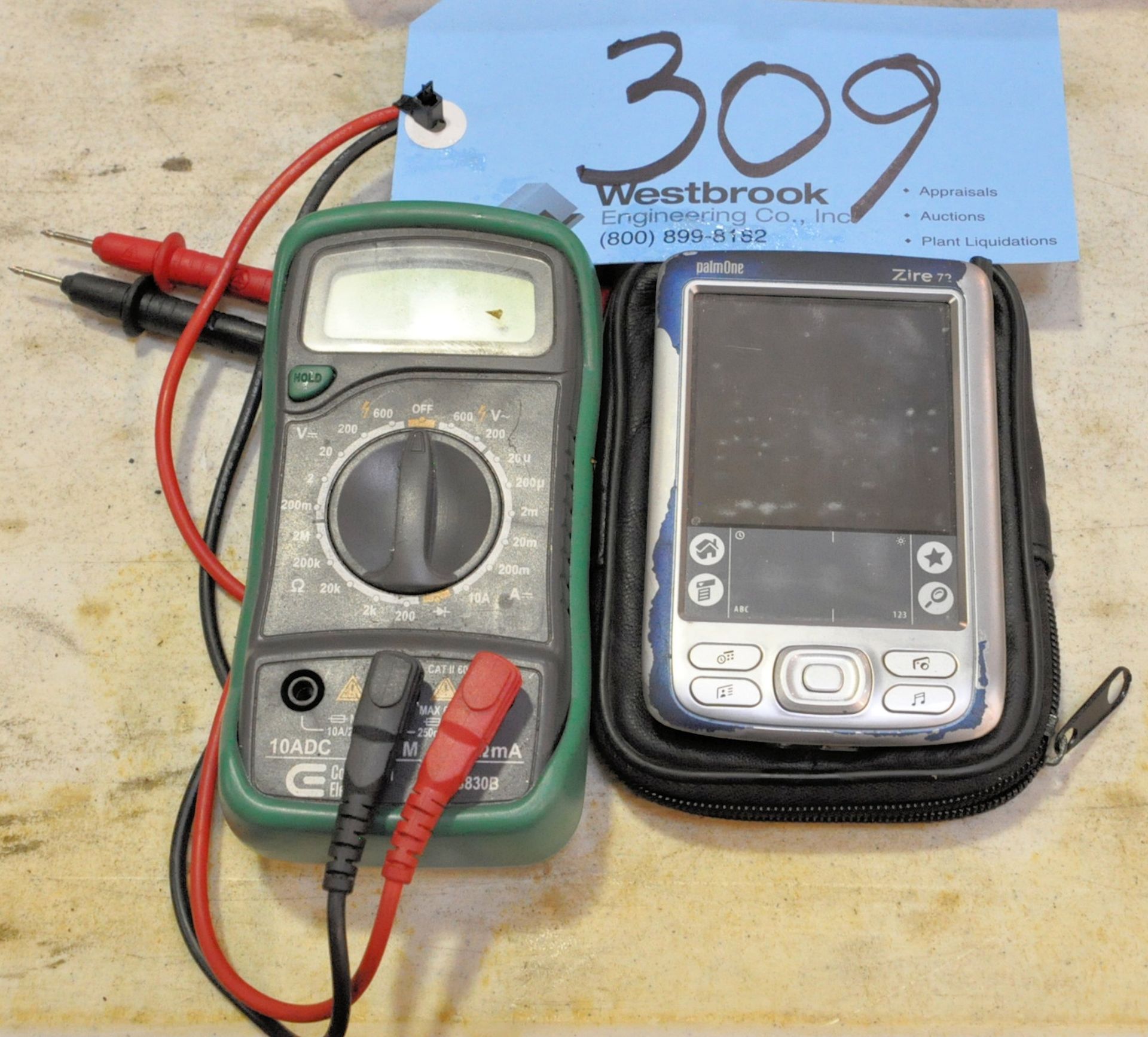 Lot-Commercial Electric MAS830B Multimeter with Leads, and Palm One Palm Reader with Case