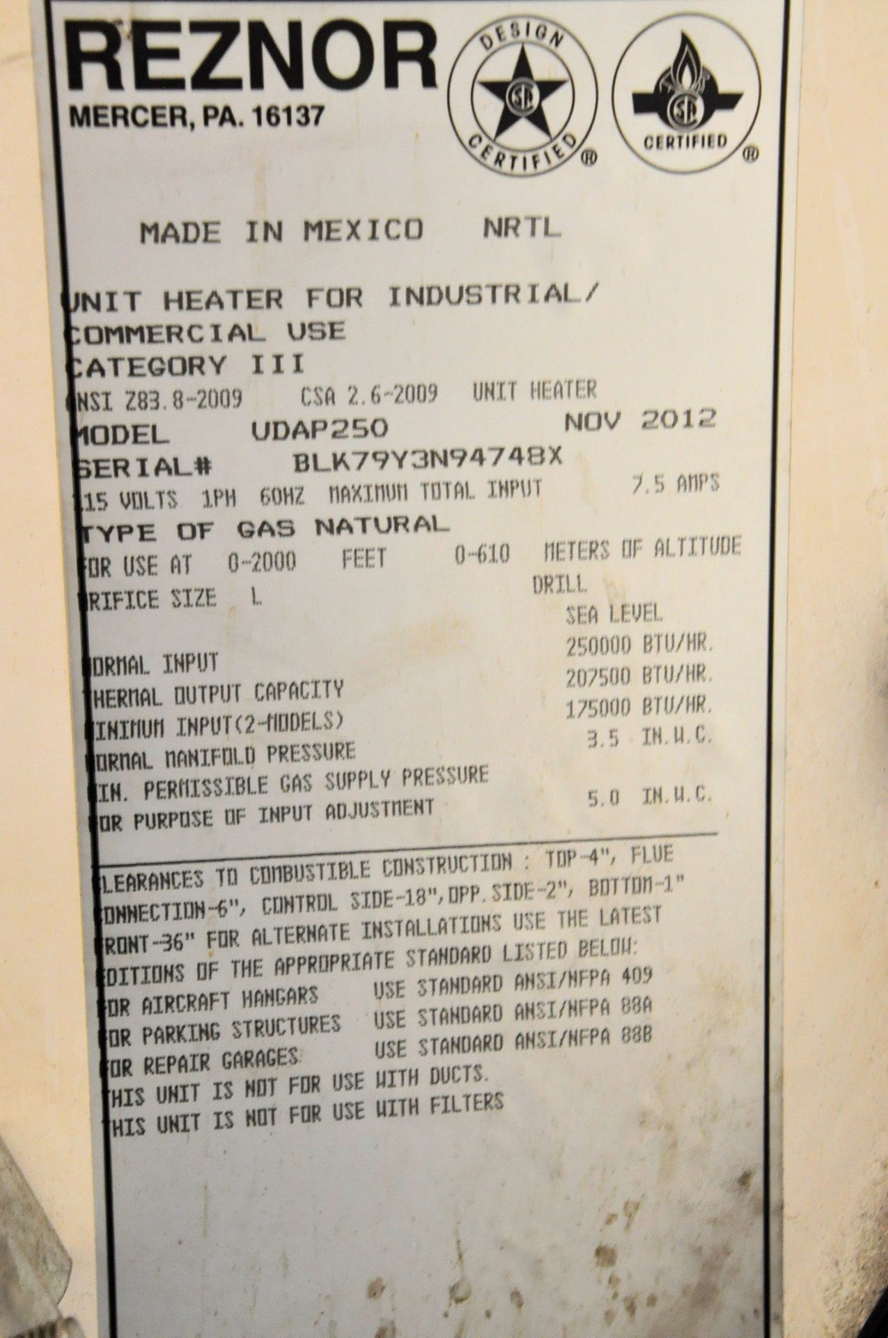 Reznor Model UDAP250, 250,000 BTU Industrial Forced Air Hanging Gas Furnace - Image 3 of 3