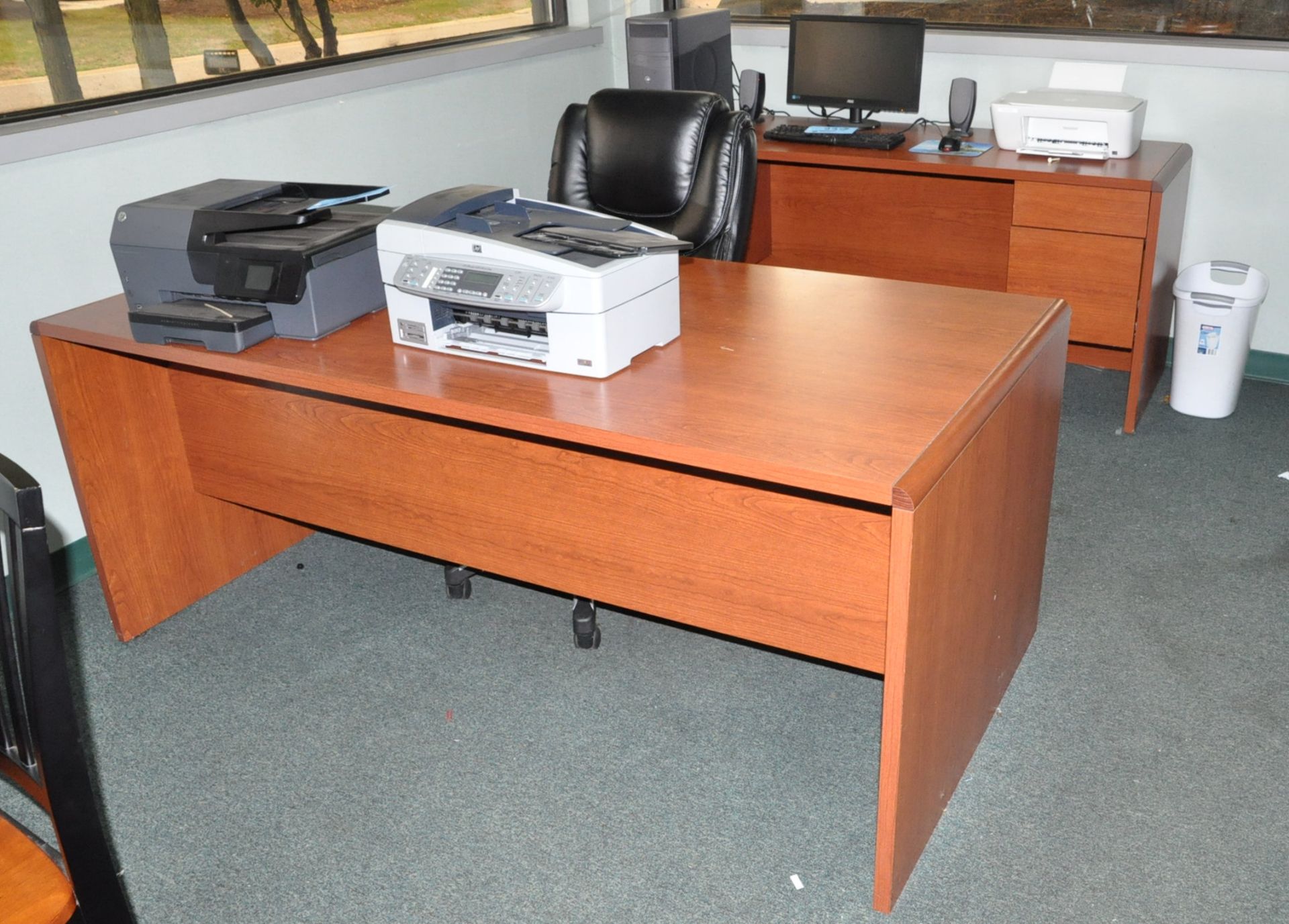 Lot-(2) Desks, Table, (5) Chairs, Pedestal Stand, Dry Erase Board and (2) Wall Prints (No contents)