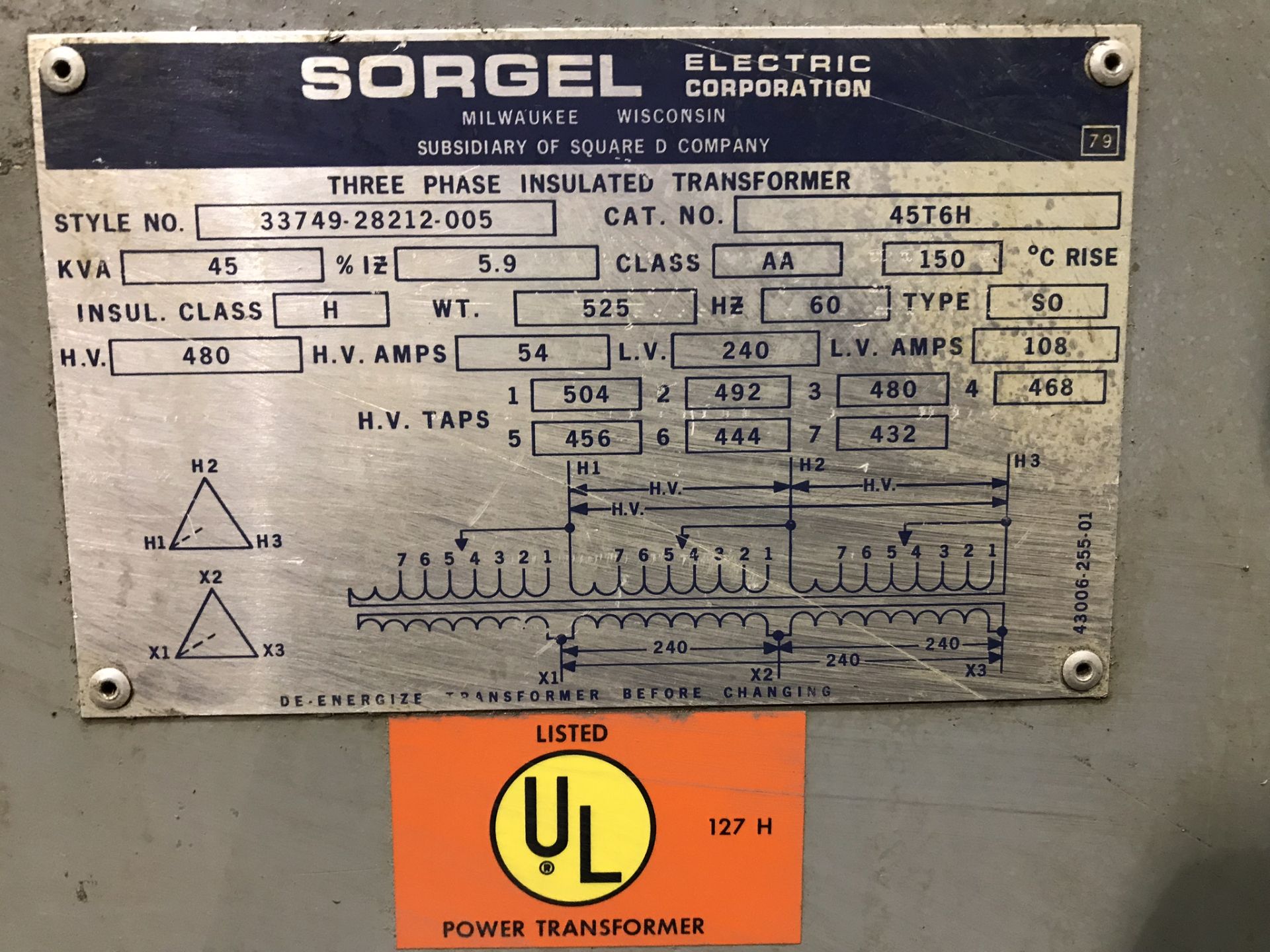 Sorgel 45 KVA Transformer, Catalog No. 45T6H, High Voltage 480 Volts, Low Voltage 240 Volts - Image 2 of 2