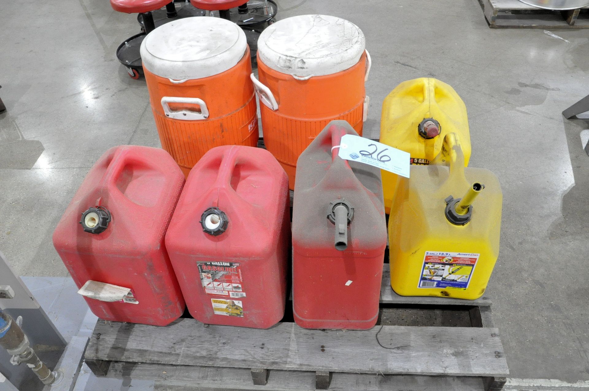 Lot-(5) Fuel Cans and (2) Drink Coolers on (1) Pallet