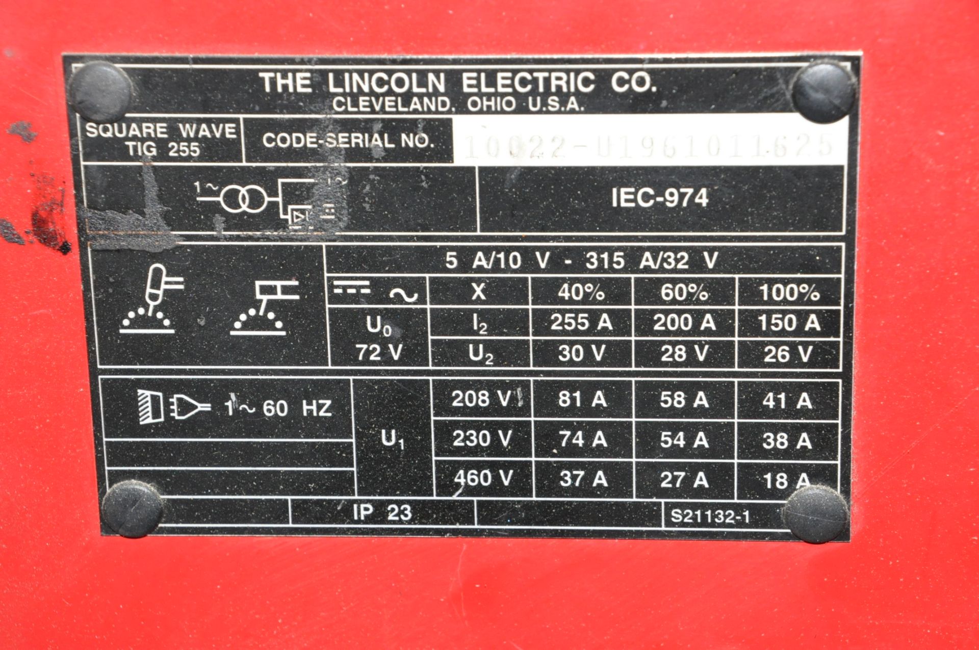 Lincoln Square Wave Tig 255, 255-Amp Capacity Tig Welder with Foot Pedal and Leads - Image 2 of 2