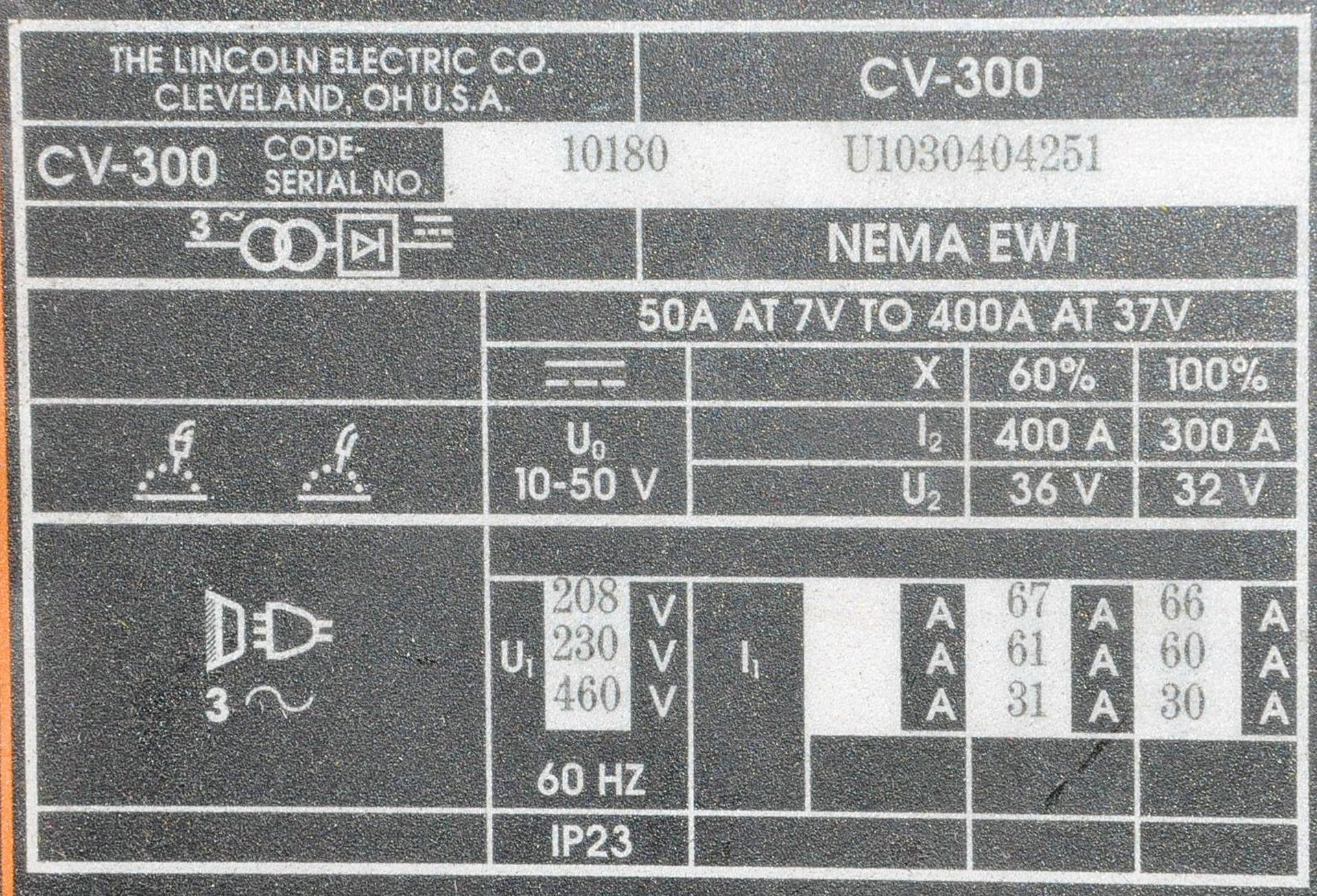 Lincoln CV-300, 300-Amp Capacity Mig Welding Power Source, - Image 2 of 2