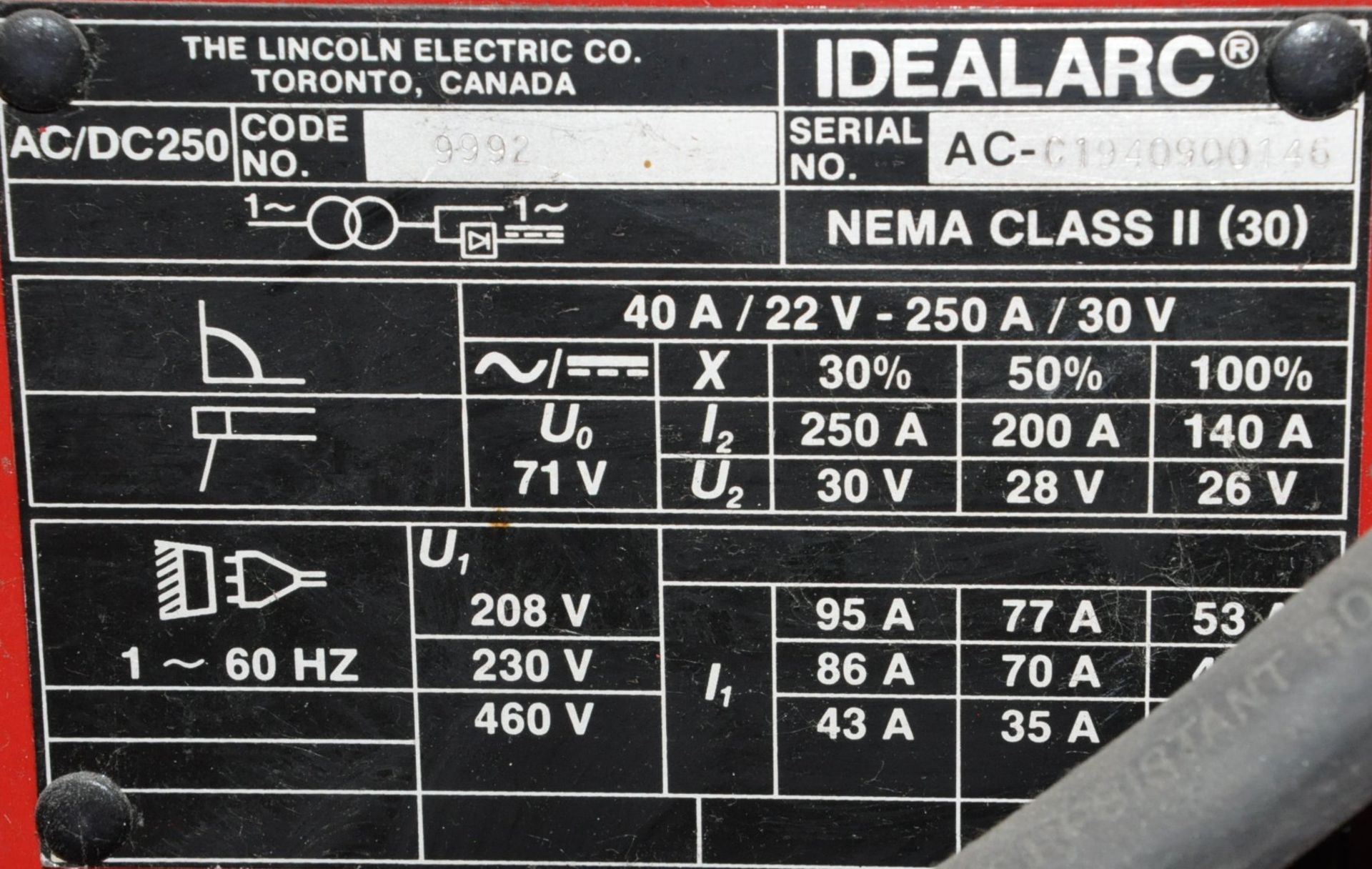 Lincoln Idealarc 250, 250-Amp Capacity CC AC/DC Arc Welder, - Image 2 of 2