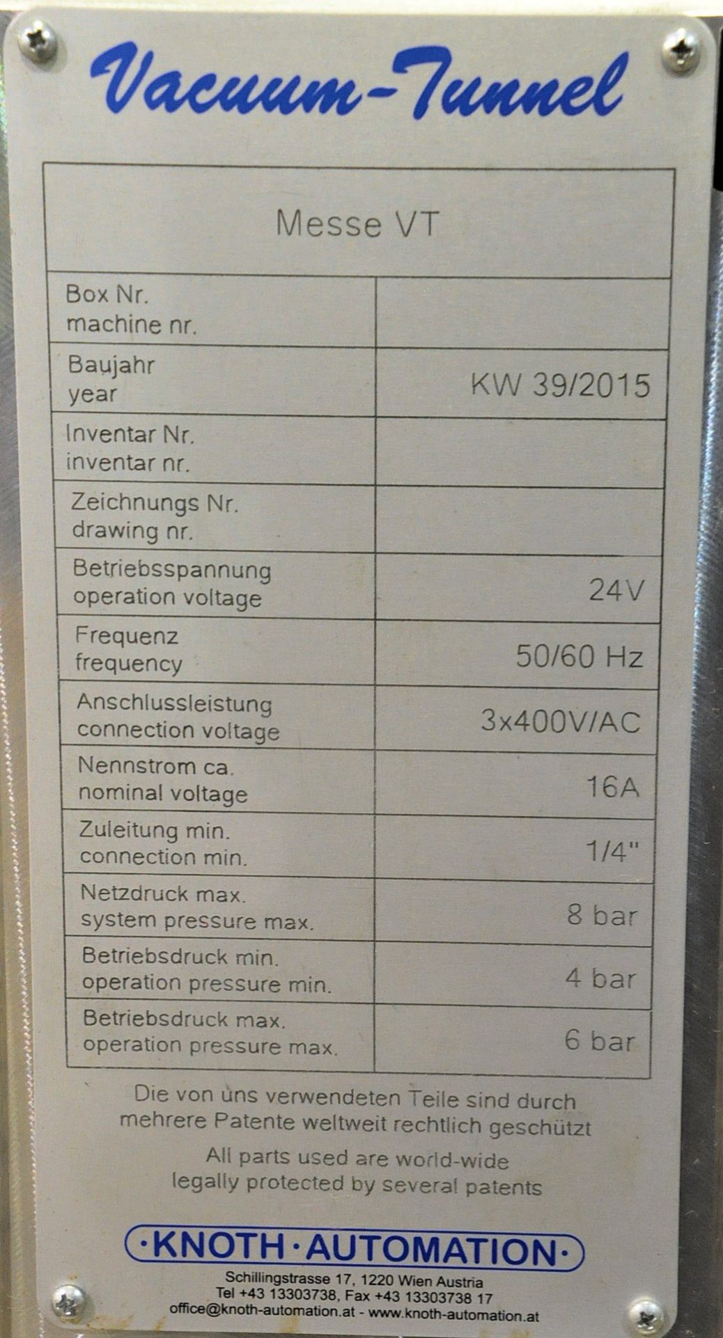 Knoth Vacuum-Tunnel, (2015), w/ Electric Roller Bed .3-Meters Long x .2 Meters Wide x .2 Meters High - Image 2 of 2