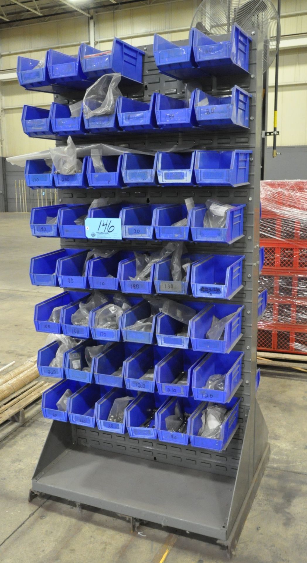 Double Sided Bin Rack with Plastic Bins and Misc. Tubing Parts