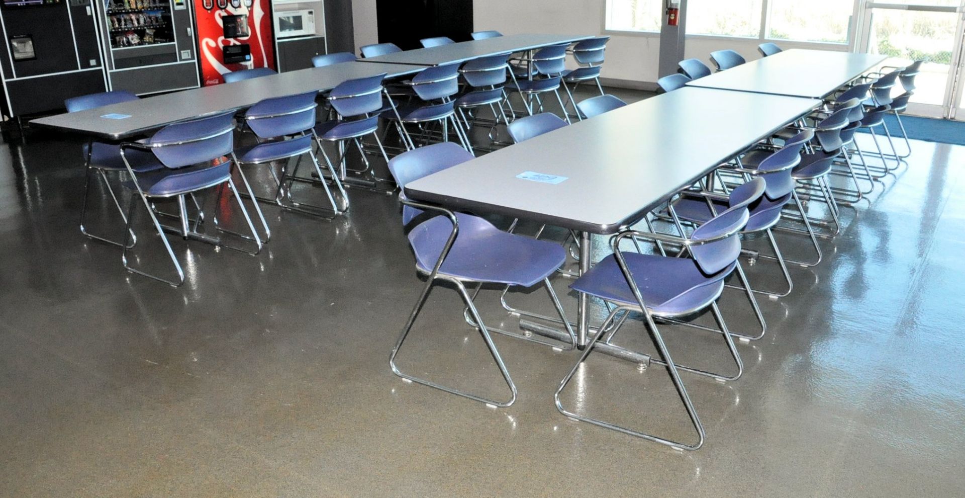 Lot-(4) Tables and (24) Stack Chairs, (Front Office Break Room)