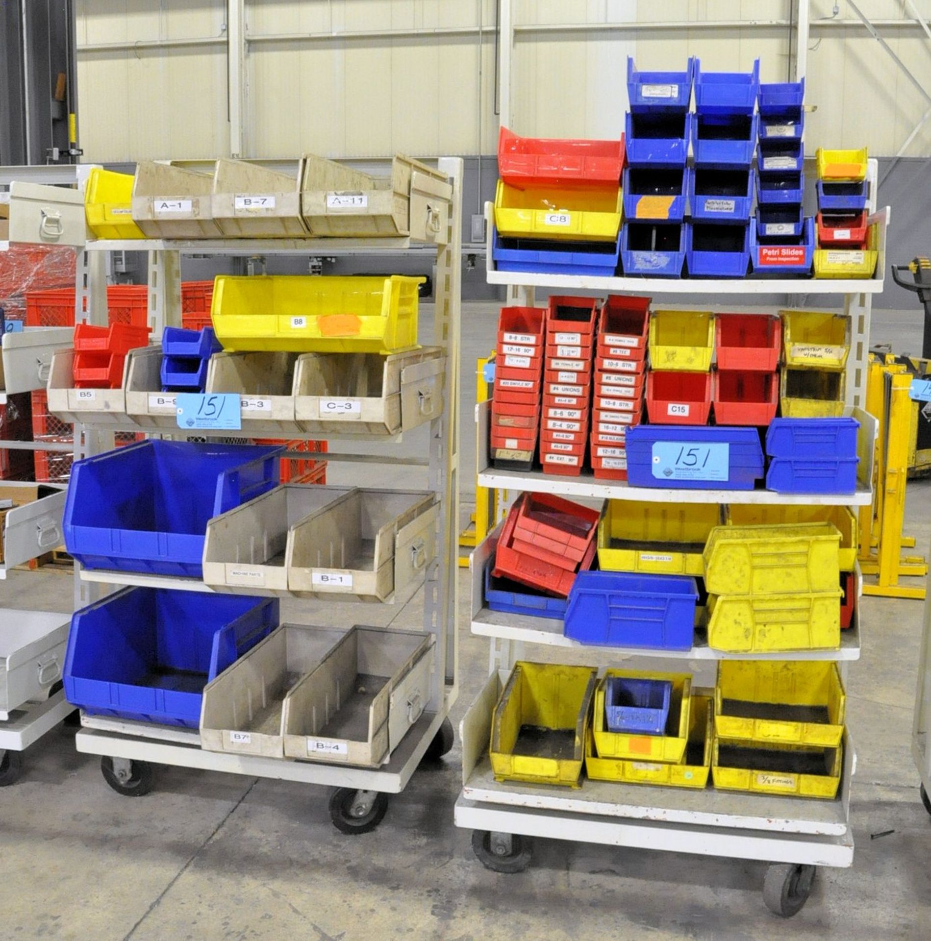 Lot-Empty Plastic Parts Bins on (2) Shelving Carts, (Carts Not