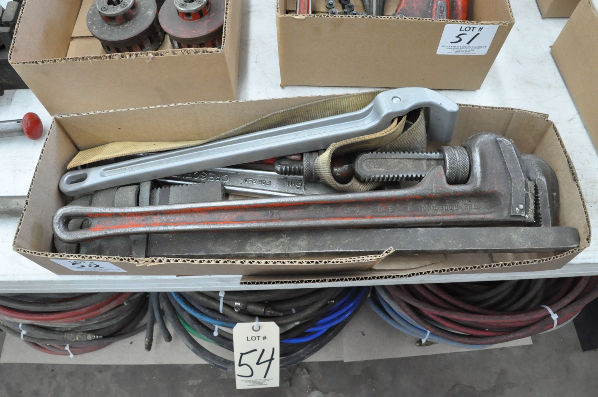 Lot-(2) Pipe Wrenches, (1) Pipe Strap Wrench and (1) Adjustable Wrench