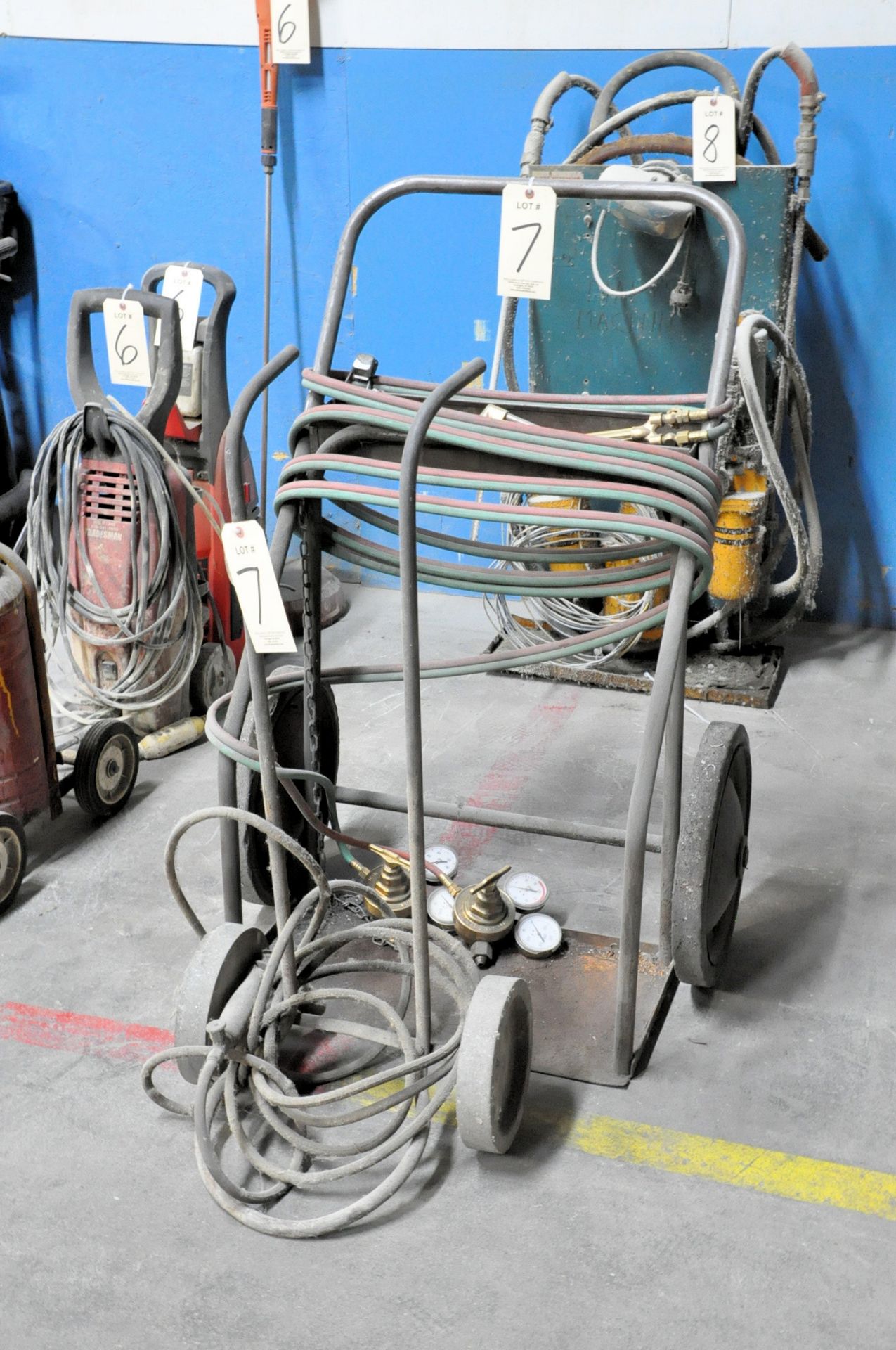 Lot-(1) Oxygen/Acetylene Cart with Hose, Gages, Torches and (1) 2-Wheel Cart with Nozzle Hose