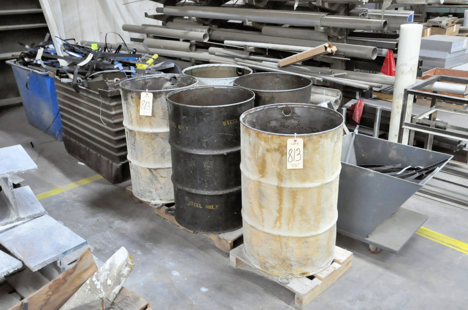 Lot-Scrap in (2) Steel Tubs, (1) Small Hopper and (5) Drums