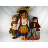 Three - French boudoir dolls, with soft material covered bodies,