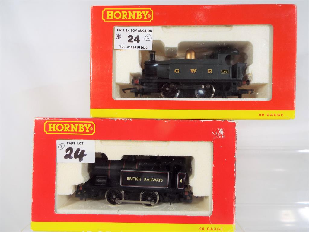 Hornby OO gauge - two model tank locomotives, 0-4-0T green GWR livery and 0-4-0T black BR livery,