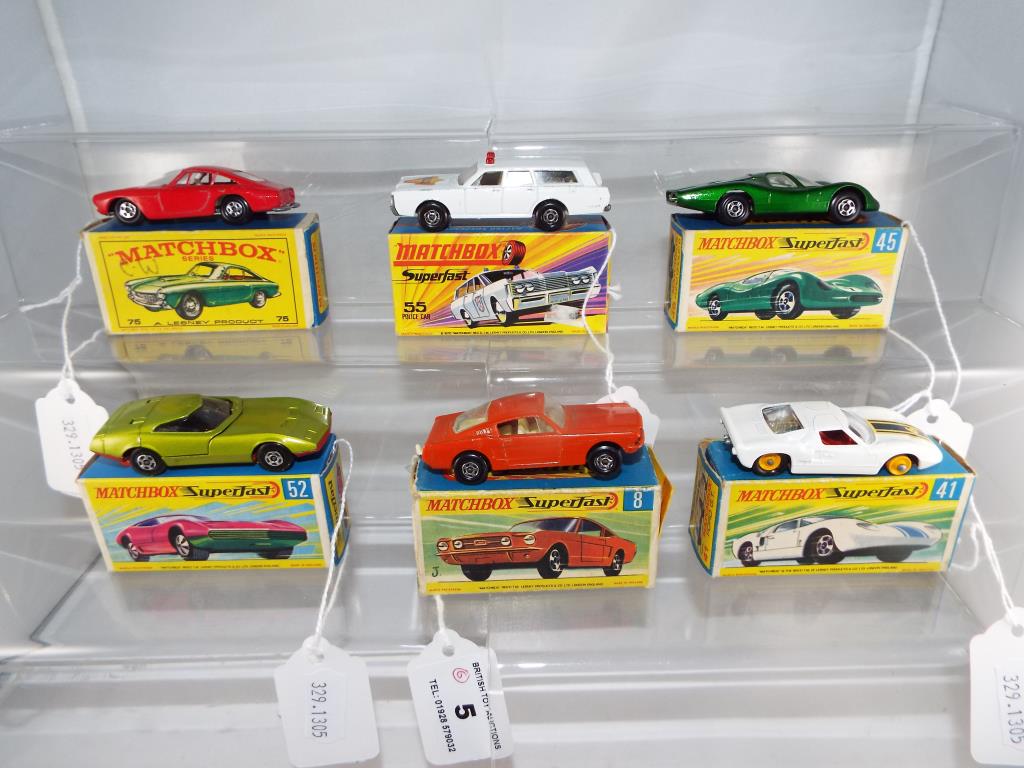Matchbox - six diecast vehicles in original boxes comprising #8, #41, #45, #52,