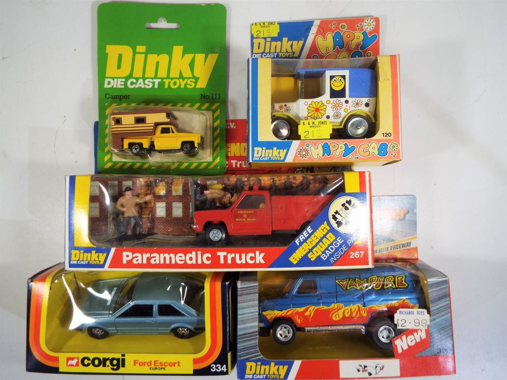 Dinky and Corgi - five diecast vehicles in original boxes comprising #111 Camper, #120 Happy Cab,