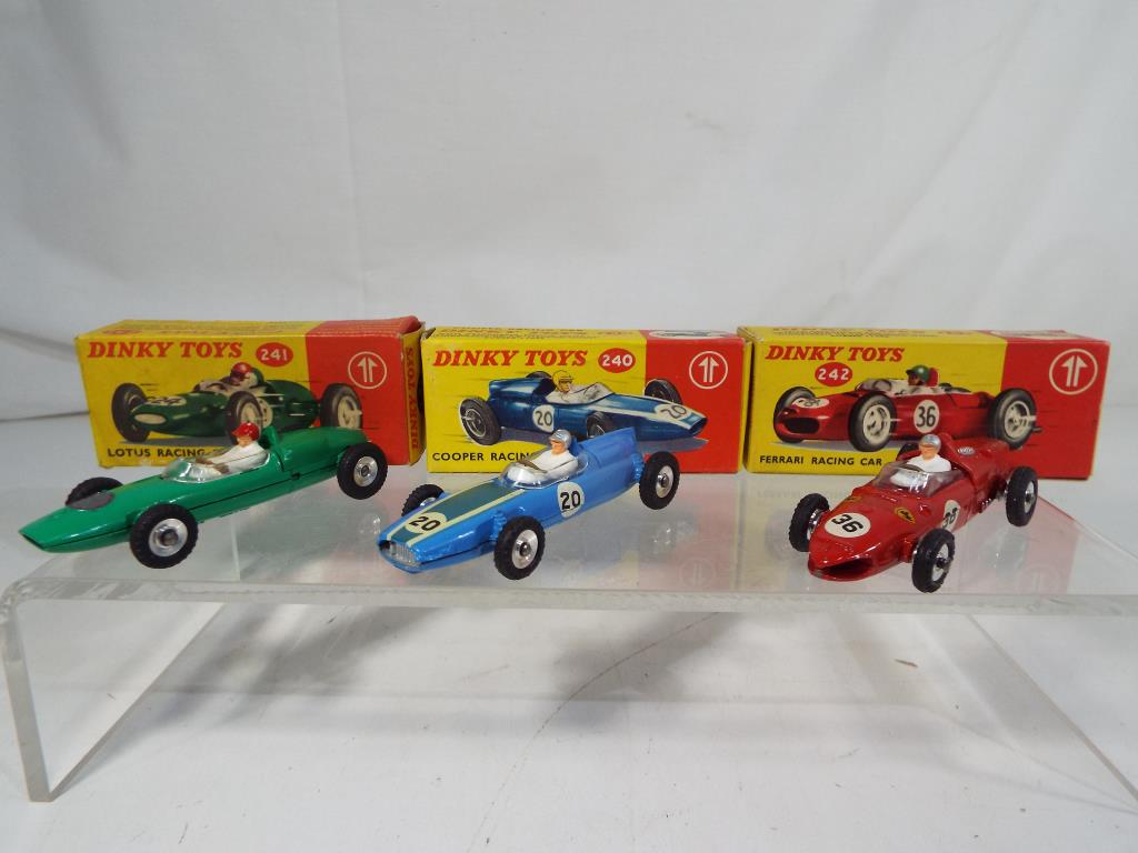 Dinky - three diecast racing cars in original boxes comprising #240 Cooper racing car,