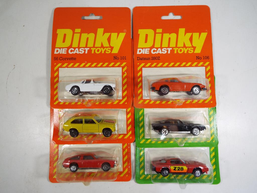 Dinky - six vehicles in original blister packs made in Hong Kong comprising #10156 Corvette,