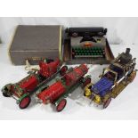 Meccano and Lilliput - three vintage models comprising a rocket car, a racing car and a fire engine,