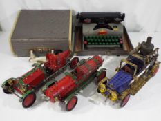 Meccano and Lilliput - three vintage models comprising a rocket car, a racing car and a fire engine,