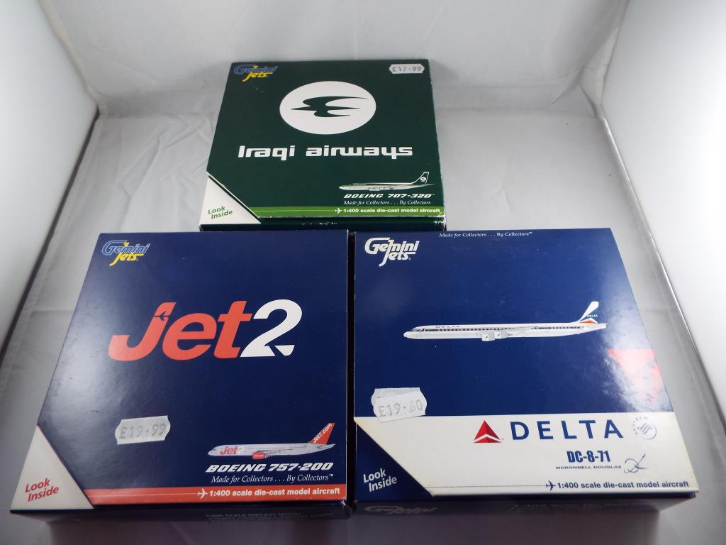 Model Airplanes - three 1/1400 scale diecast airplanes by Gemini Jets in original boxes,