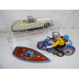 Three vintage tin-plate models comprising - Lucky Open Car friction drive toy car, reg no MF787,