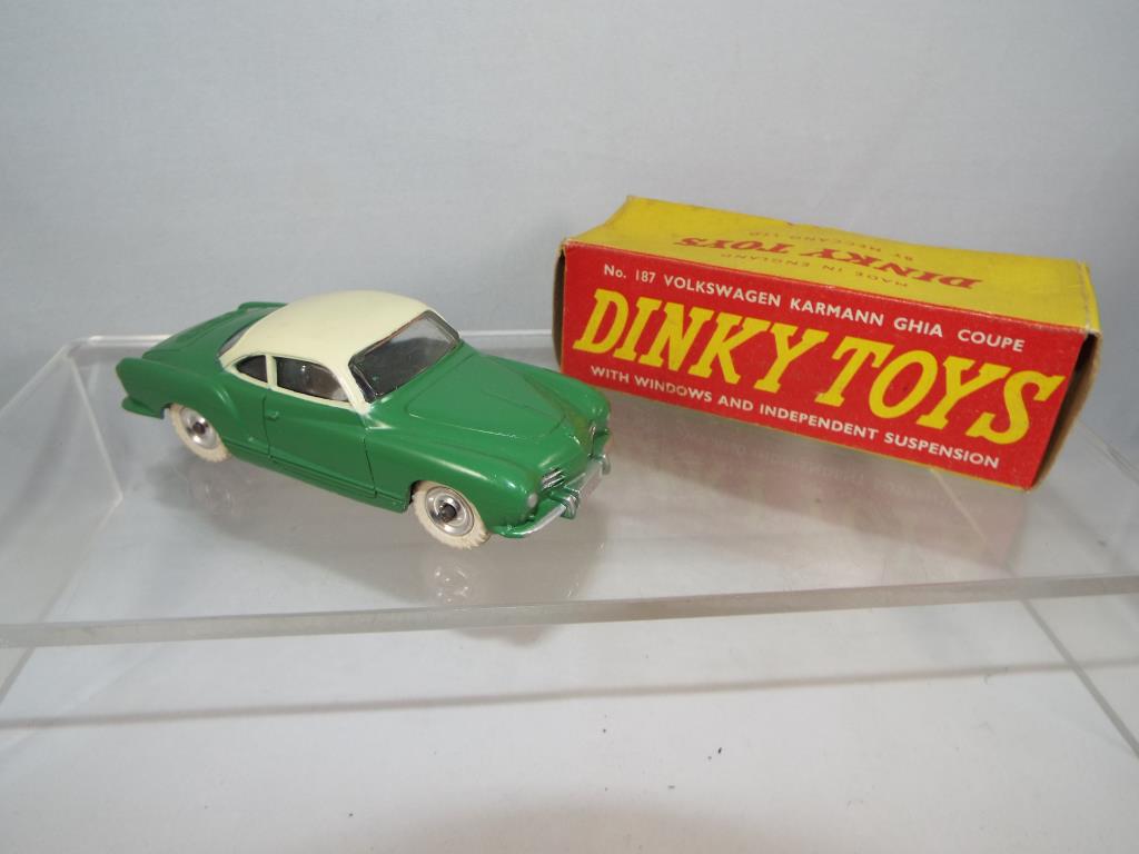 Dinky - a diecast model Volkswagen Karmann Ghia Coupe, green body with pale yellow roof,