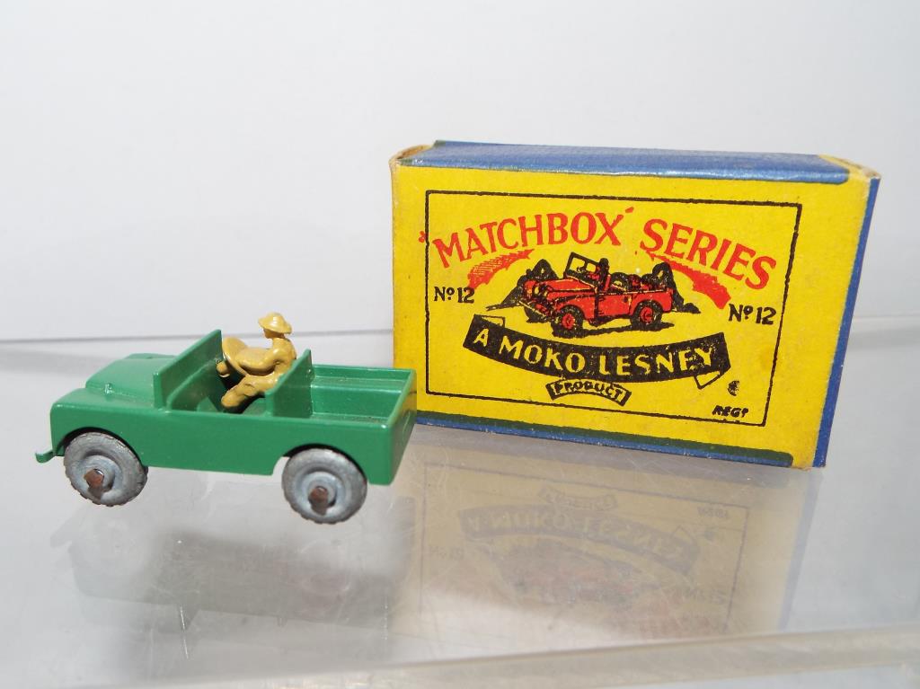 Matchbox by Lesney - a diecast model Land Rover with tan driver figure # 12, green with silver trim, - Image 2 of 2