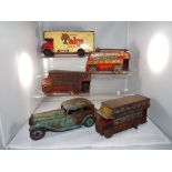 Wells Brimtoy - five tin plate vehicles ca 1930s and a later Bedford van ca 1950s,