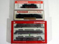 Model Railways - Fleischmann - three boxed N gauge steam locomotives 7065 2-8-4 steam locomotive,