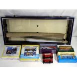 Diecast - a wooden and glass display unit measuring approximately 32 cm [h] x 77 cm [w] x 9 cm [d],
