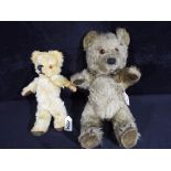 A mohair vintage bear with jointed head, arms and legs, velour pads on hands and feet,