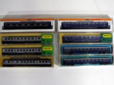 Model Railways - eight N gauge coaches in original boxes by Minitrix and Arnold,