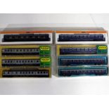 Model Railways - eight N gauge coaches in original boxes by Minitrix and Arnold,