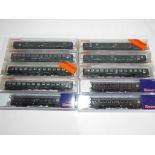 Fleischmann and Roco N gauge - ten passenger carriages, maroon and cream livery,