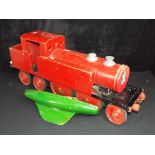 Vintage Toys - a wooden 2-4-4 push-along steam locomotive appears to have Tri-ang metal wheels,