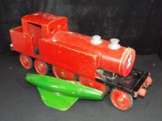 Vintage Toys - a wooden 2-4-4 push-along steam locomotive appears to have Tri-ang metal wheels,