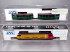 Model Railways - Kato N gauge - a two-car tram set #KAC-14600-11 and an electric locomotive