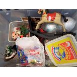 A box containing vintage Christmas items and craft items