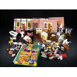Dolls - a mixed lot containing and incomplete scratch built dolls house with over 30 pieces dolls