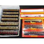 Hornby - twelve passenger carriages, LMS, LNER and GWR livery, vary from ex to m, 7 unboxed,