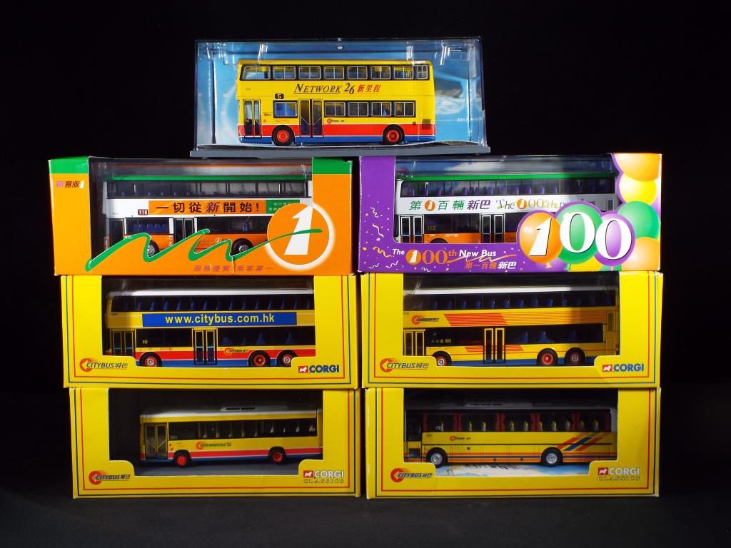 Diecast - Corgi - seven diecast buses in original boxes in 1:76 scales, comprising 42803, 44507,