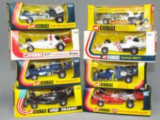 Corgi - Eight boxed Corgi Racing Cars.