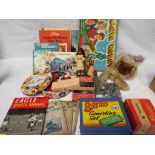 A good mixed lot of toys and books to include Two Bayko sets, with some loose items in separate tin,