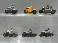 Dinky - A collection of six unboxed Dinky motorcyclists and motorcycles and sidecars to include #