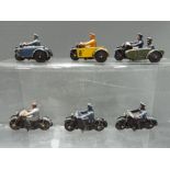 Dinky - A collection of six unboxed Dinky motorcyclists and motorcycles and sidecars to include #