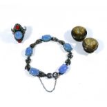 Silver and blue stone and marcasite bracelet and matching dress ring,